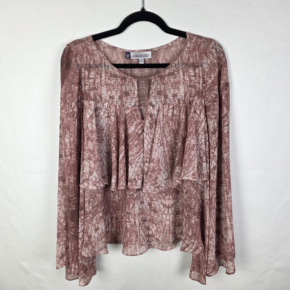 Jennifer Lopez Womens Mauve Snakeskin Print Ruffle Bell Sleeve Blouse Medium